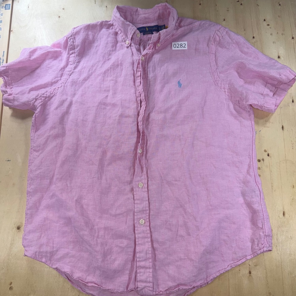 Polo Ralph Lauren Mens L Classic Fit Linen Button Down Shirt Pink Short Sleeve